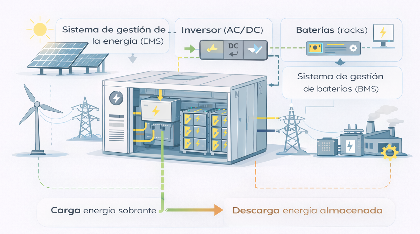 Esquema de funcionamiento de un sistema BESS industrial con EMS, inversor y baterías para gestión energética empresarial